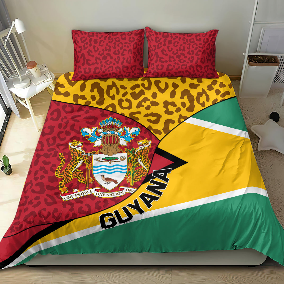 Guyana bedding set with red leopard pillows and crest, GUYANA text on yellow green diagonal panel