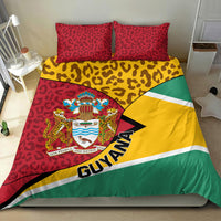 Guyana bedding set with red leopard pillows and crest, GUYANA text on yellow green diagonal panel