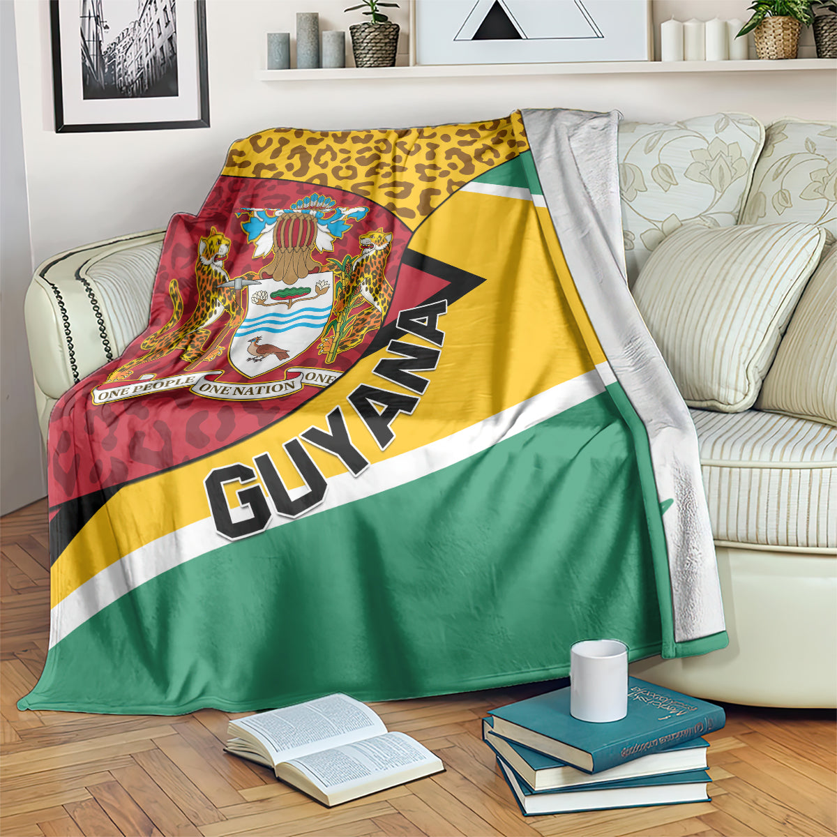 Guyana Republic Day blanket-style coat of arms throw, leopard pattern yellow green red