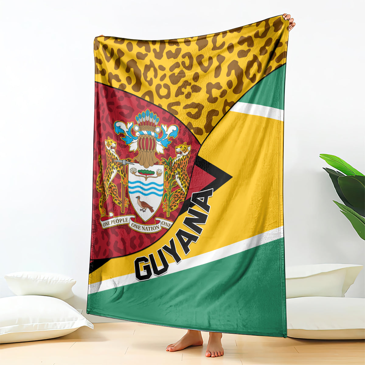 Guyana Republic Day blanket-style coat of arms throw with leopard top and Guyana flag bands