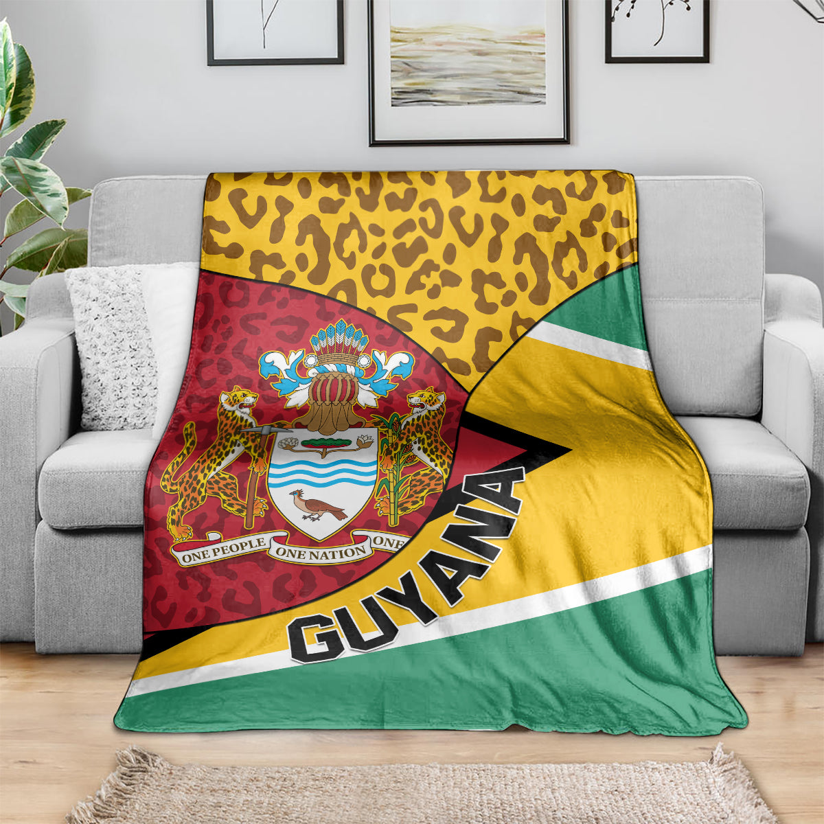 Guyana Republic Day blanket-style coat of arms throw draped over sofa, leopard yellow and green