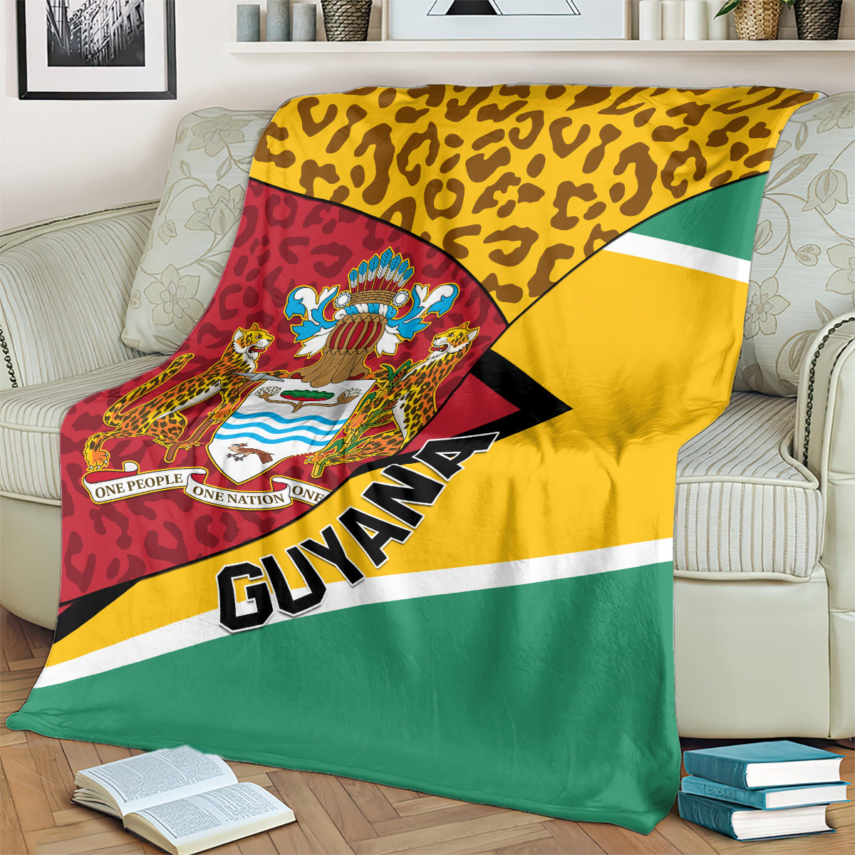 Guyana Republic Day blanket-style coat of arms throw with Guyana text and flag stripes, leopard