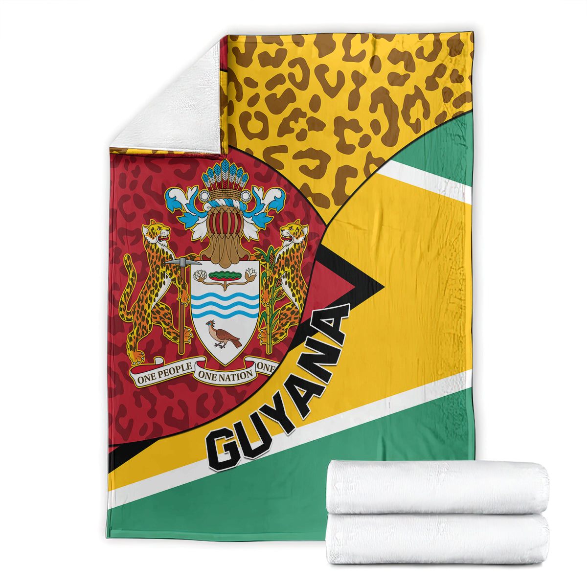 Guyana Republic Day blanket-style coat of arms throw folded, leopard yellow top and green bands