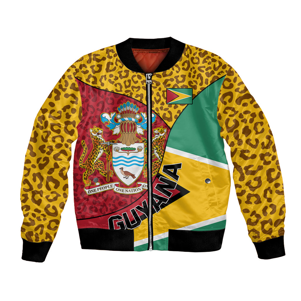 Unisex bomber jacket: yellow leopard sleeves, multicolor zip front with crest