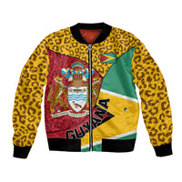 Unisex bomber jacket: yellow leopard sleeves, multicolor zip front with crest