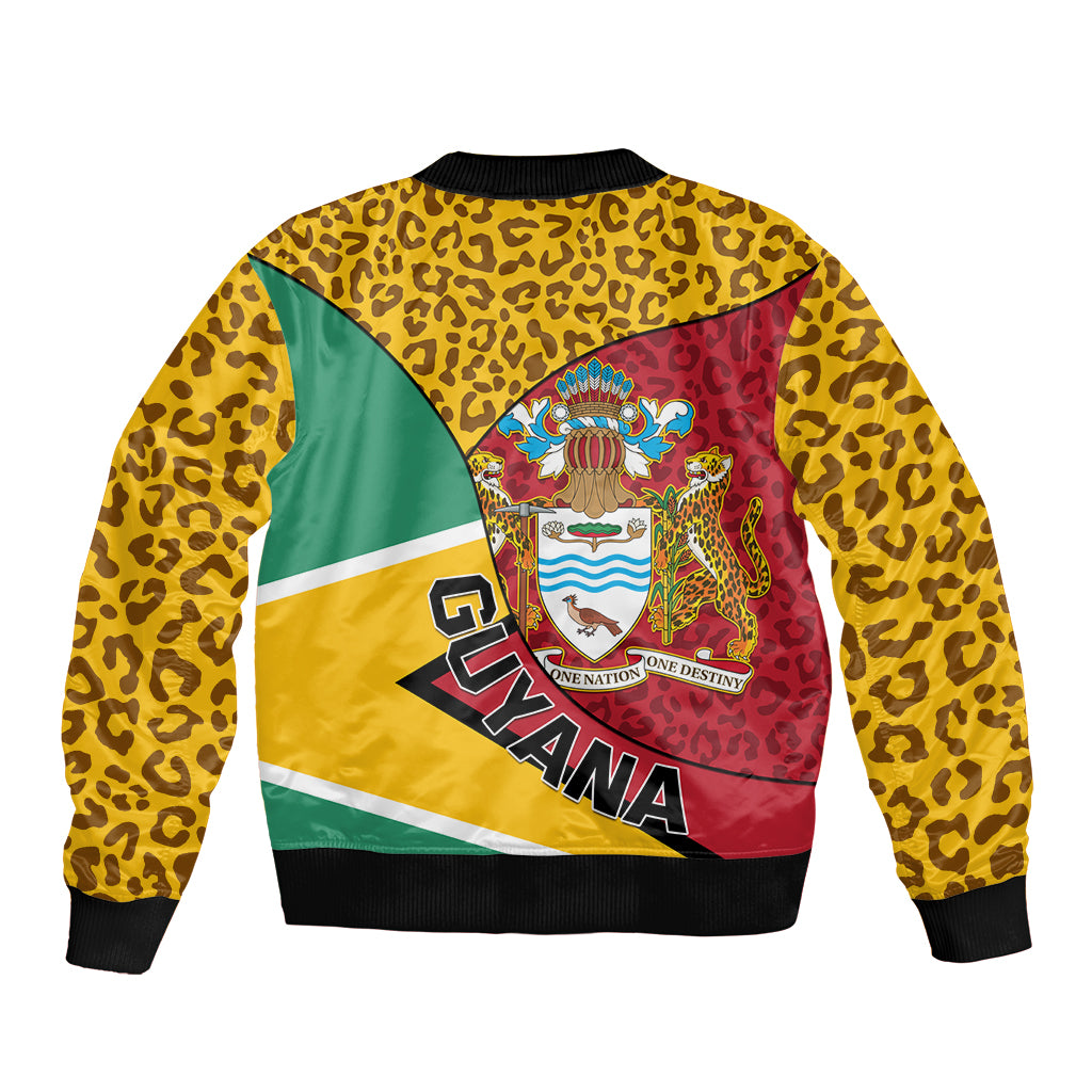 Unisex bomber jacket back with yellow leopard print, Guyana text, crest on multicolor panels