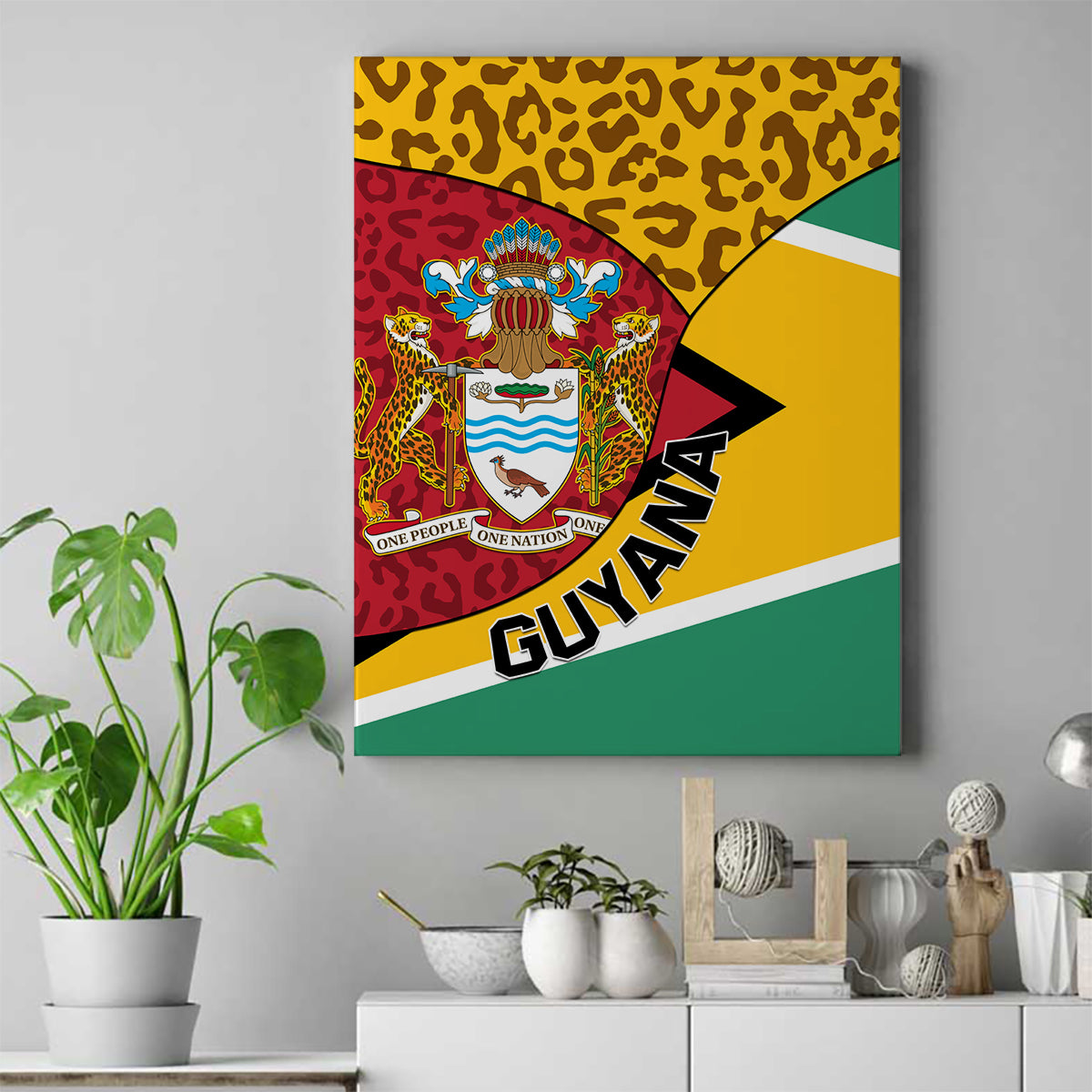 Guyana Republic Day Canvas Wall Art Coat Of Arms Leopard Pattern - Wonder Print Shop