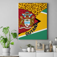 Framed Guyana canvas wall art with coat of arms, leopard pattern, and flag stripes.