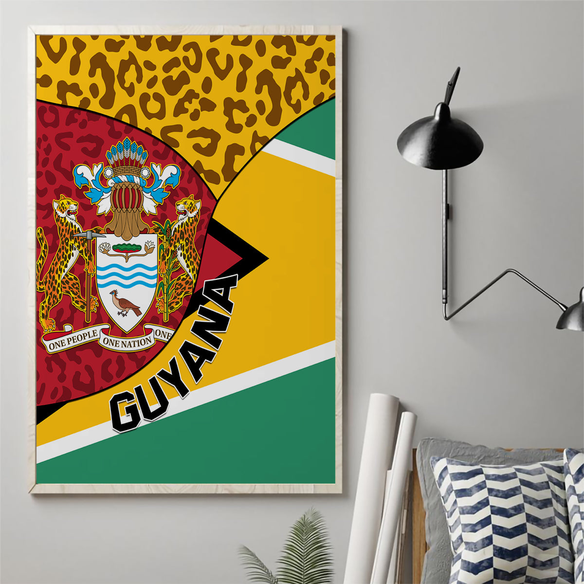 Framed Guyana canvas wall art with coat of arms over leopard pattern and diagonal stripes.