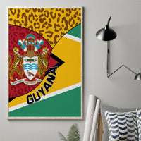 Framed Guyana canvas wall art with coat of arms over leopard pattern and diagonal stripes.