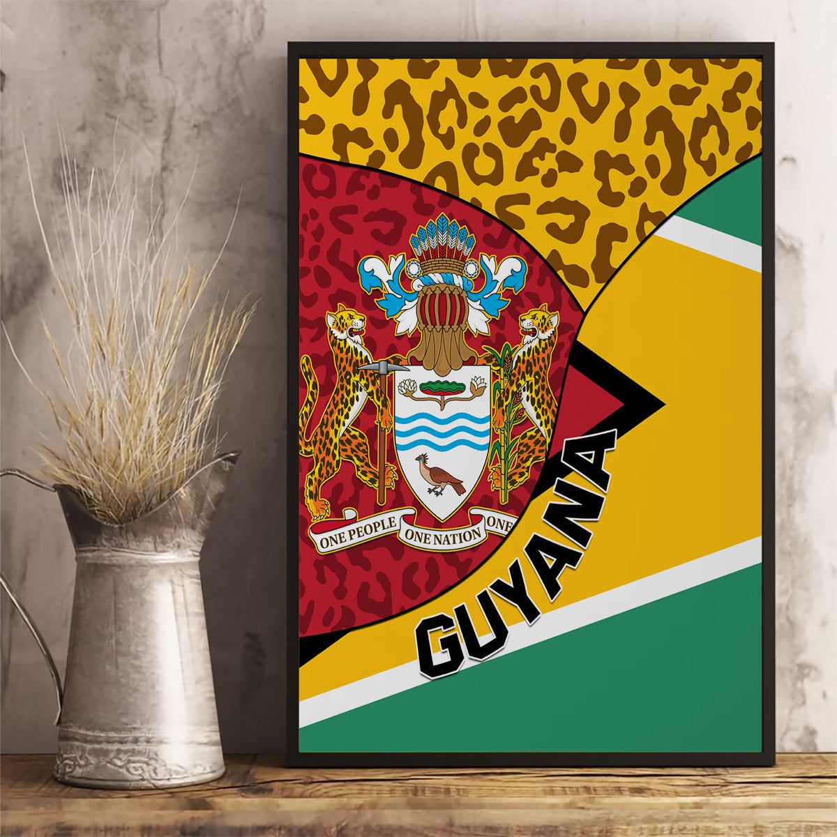 Framed Guyana canvas wall art featuring coat of arms, leopard pattern, and flag colors.