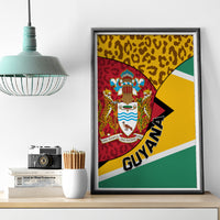 Silver-framed Guyana canvas wall art with coat of arms, leopard pattern, and flag stripes.