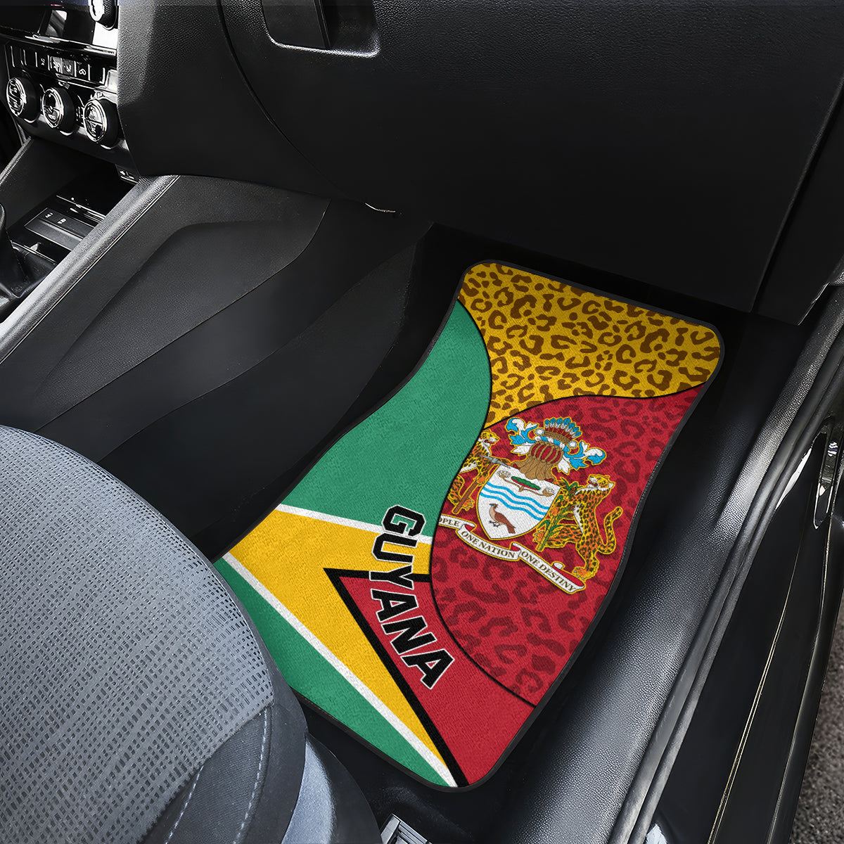 Car floor mat with Guyana coat of arms center, leopard yellow panel, and flag colors