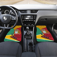 Pair of car floor mats with Guyana coat of arms, leopard pattern, and flag triangle design