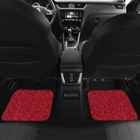 Pair of car floor mats with red leopard print pattern and dark border