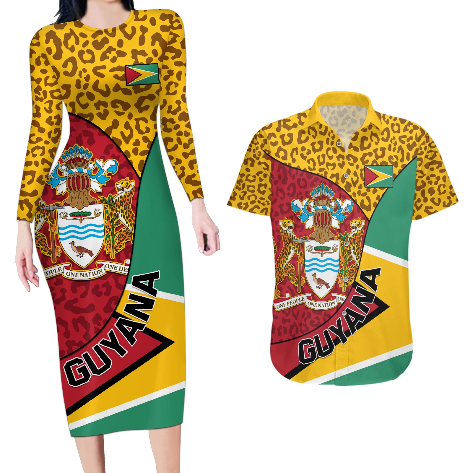 Guyana Republic Day Couples Matching Long Sleeve Bodycon Dress and Hawaiian Shirt Coat Of Arms Leopard Pattern - Wonder Print Shop