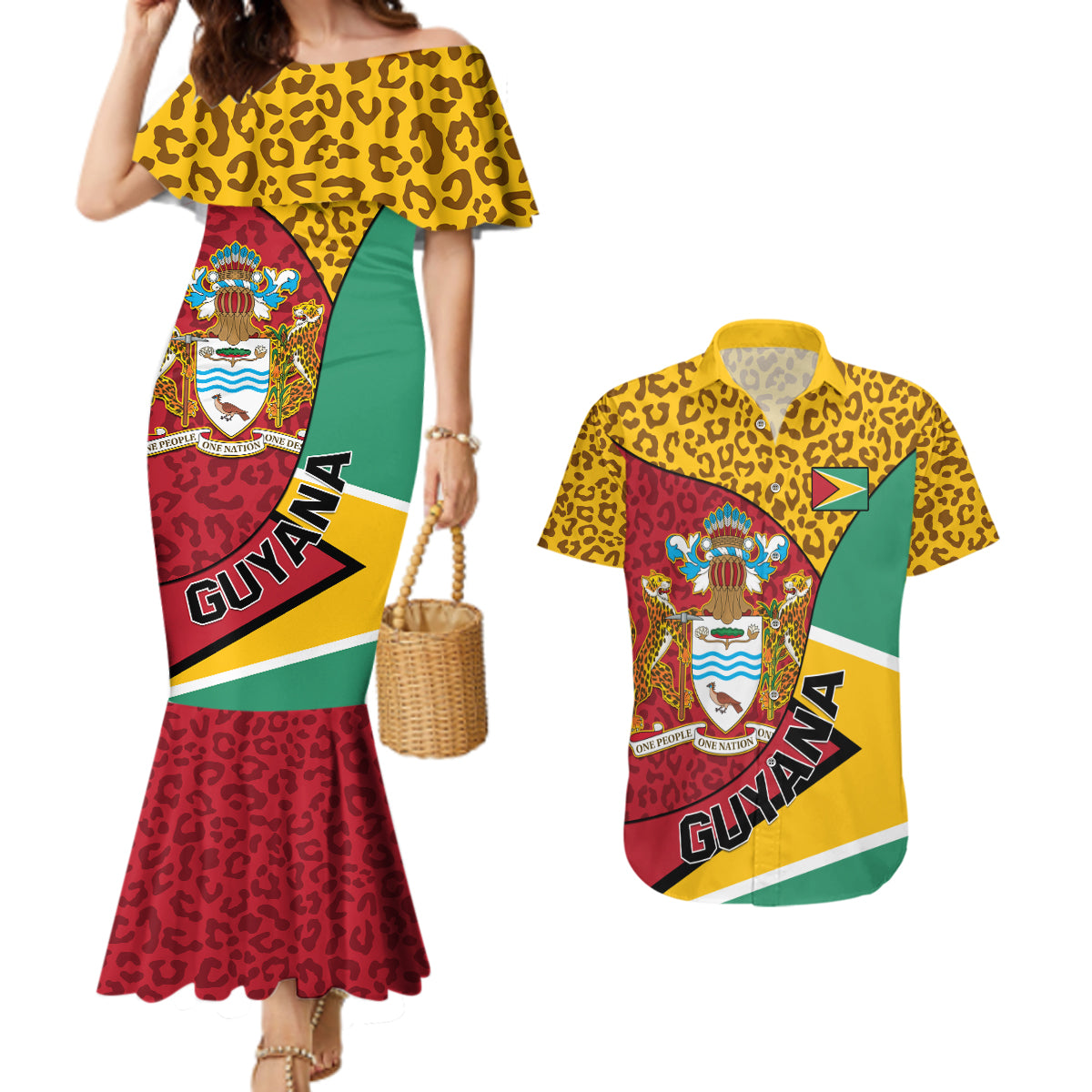 Guyana Republic Day Couples Matching Mermaid Dress and Hawaiian Shirt Coat Of Arms Leopard Pattern - Wonder Print Shop