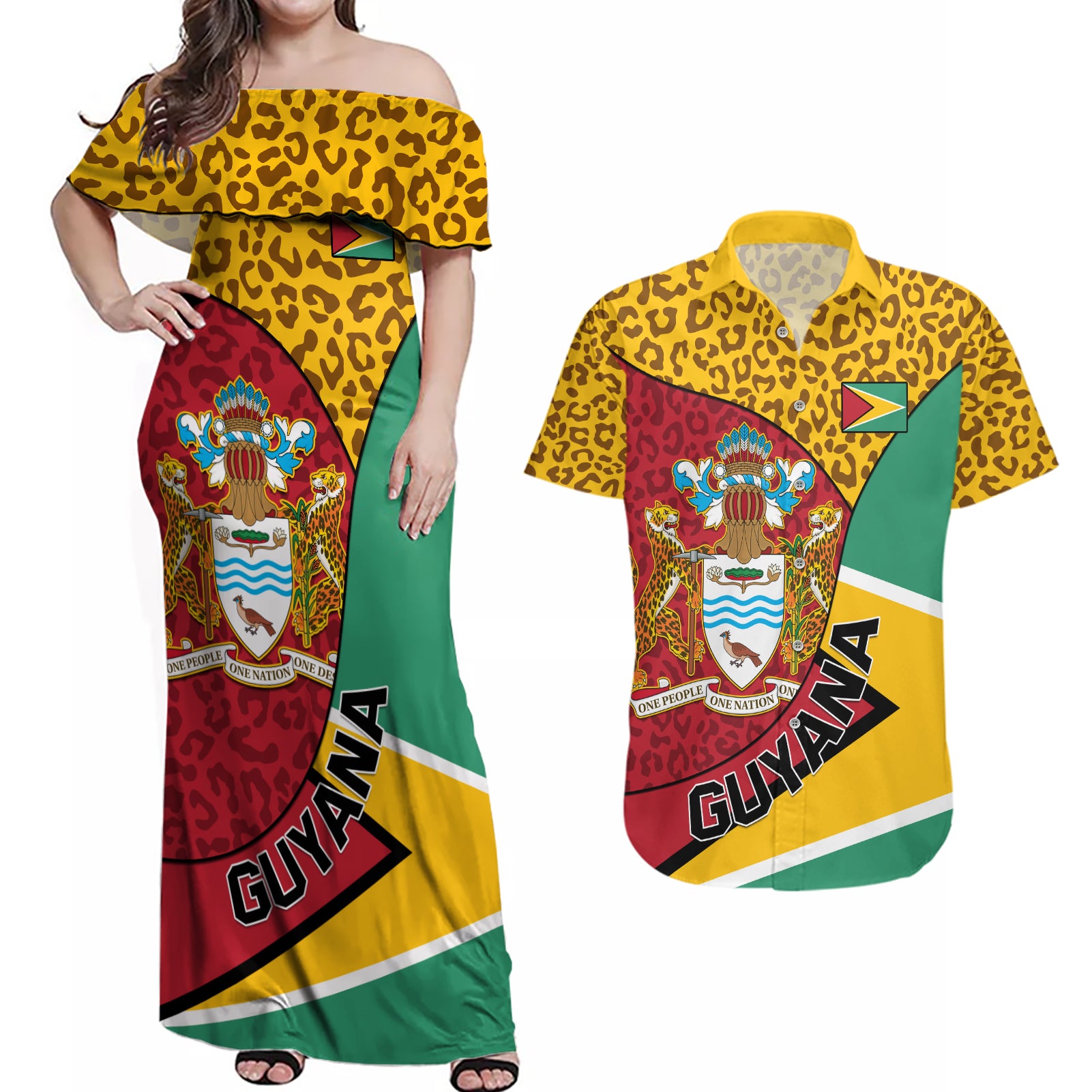 Guyana Republic Day Couples Matching Off Shoulder Maxi Dress and Hawaiian Shirt Coat Of Arms Leopard Pattern - Wonder Print Shop