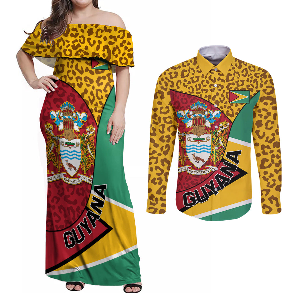 Guyana Republic Day Couples Matching Off Shoulder Maxi Dress and Long Sleeve Button Shirt Coat Of Arms Leopard Pattern - Wonder Print Shop