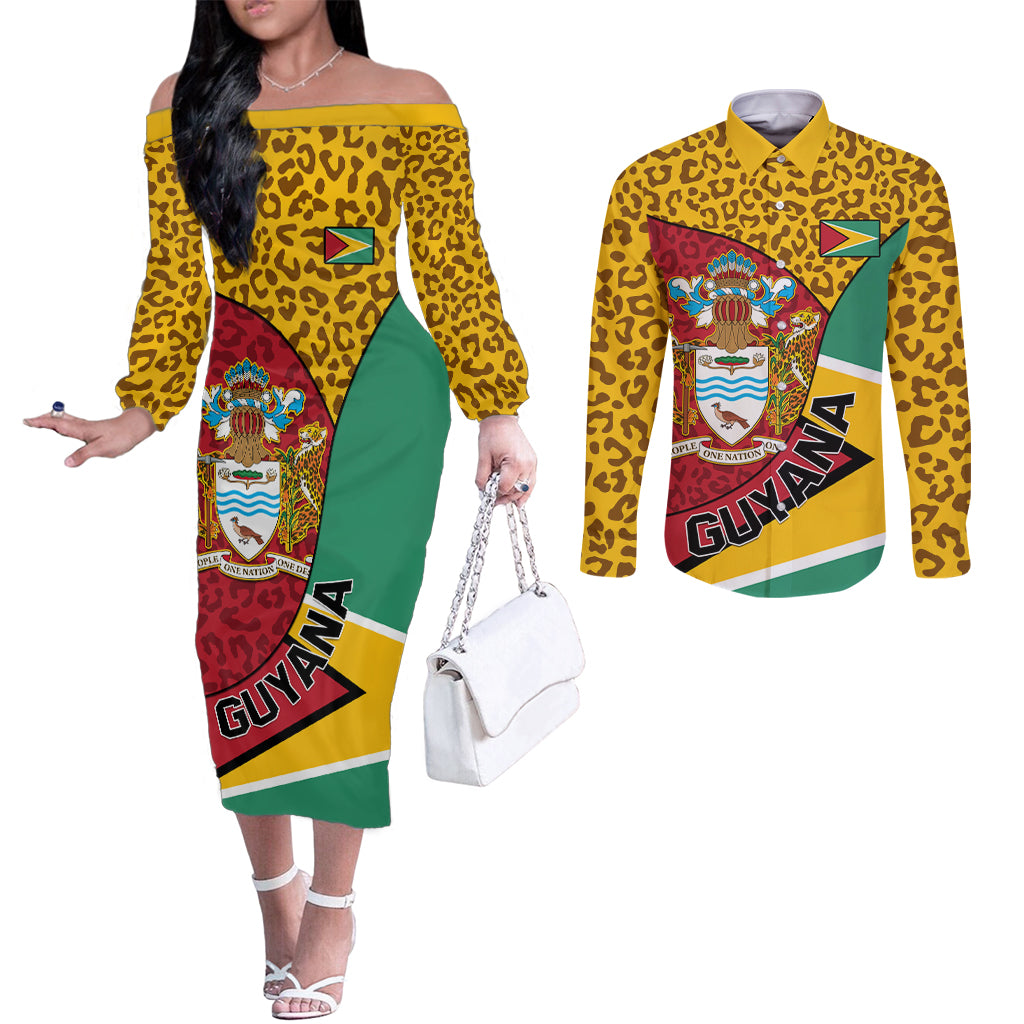 guyana-republic-day-couples-matching-off-the-shoulder-long-sleeve-dress-and-long-sleeve-button-shirt-coat-of-arms-leopard-pattern