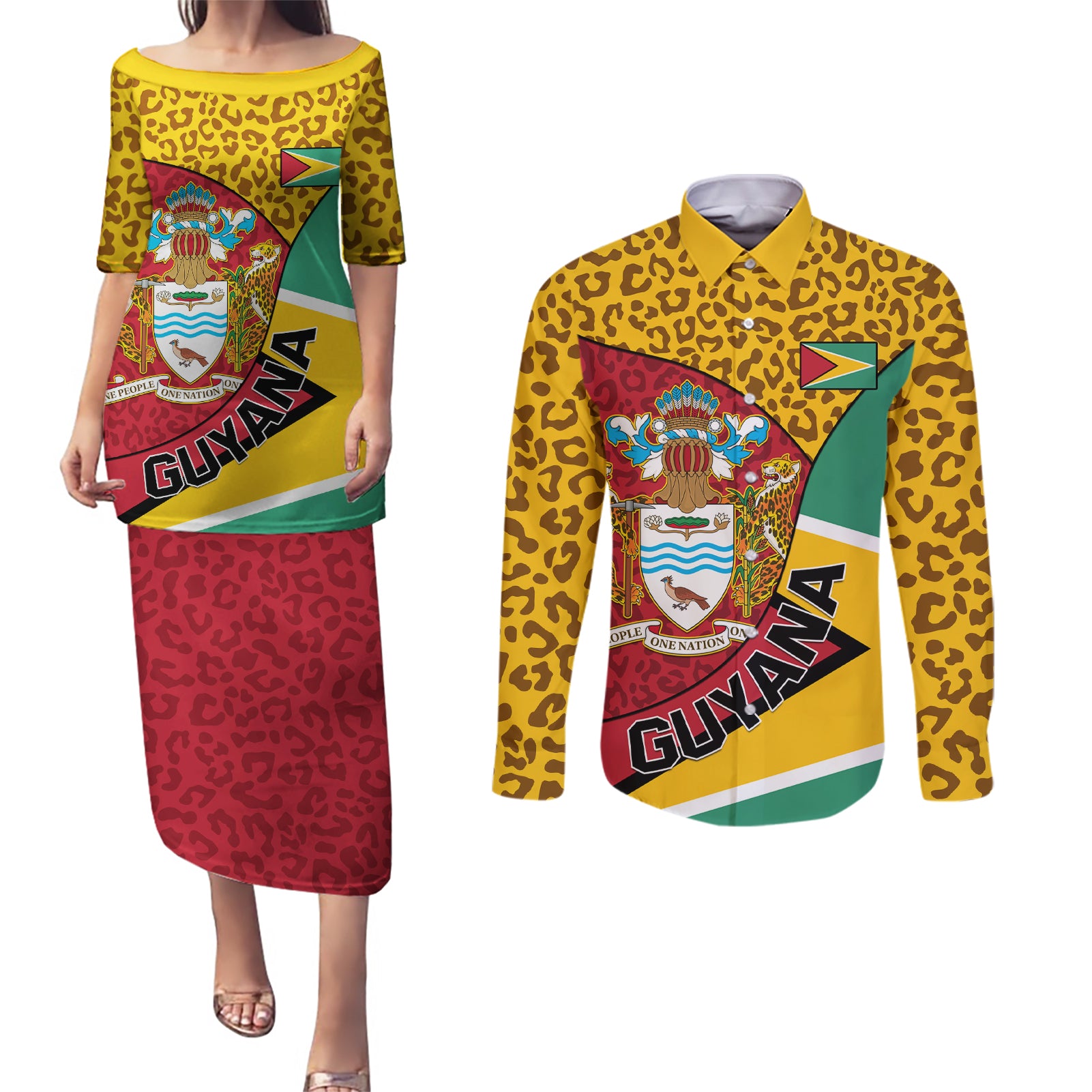 Guyana Republic Day Couples Matching Puletasi and Long Sleeve Button Shirt Coat Of Arms Leopard Pattern - Wonder Print Shop