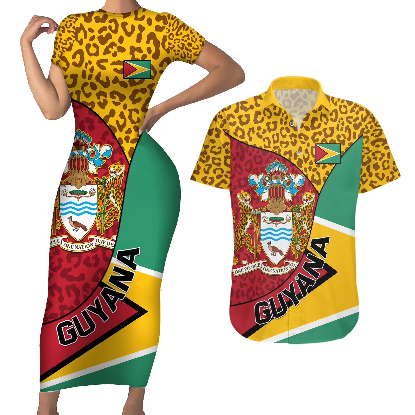 Guyana Republic Day Couples Matching Short Sleeve Bodycon Dress and Hawaiian Shirt Coat Of Arms Leopard Pattern - Wonder Print Shop