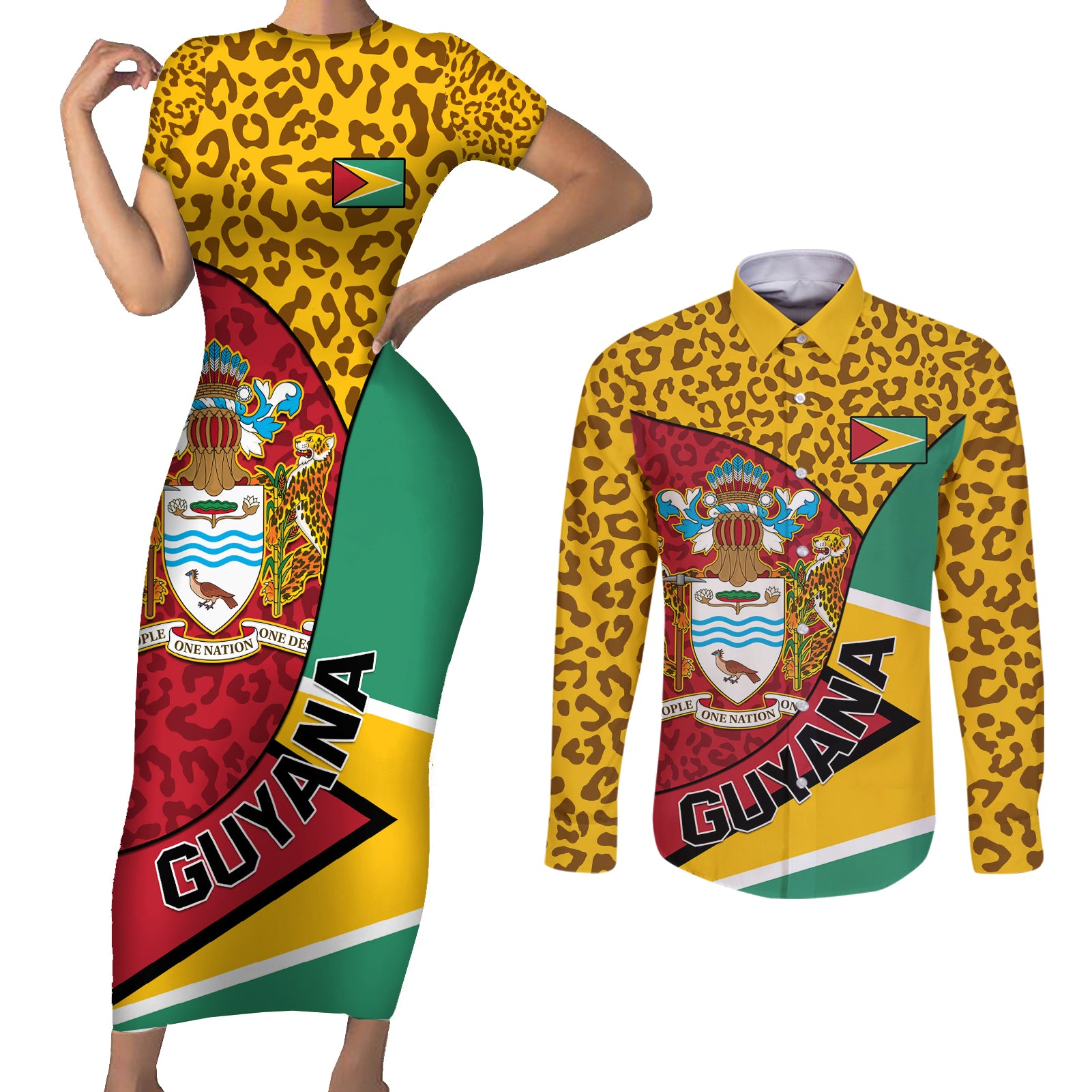 Guyana Republic Day Couples Matching Short Sleeve Bodycon Dress and Long Sleeve Button Shirt Coat Of Arms Leopard Pattern - Wonder Print Shop