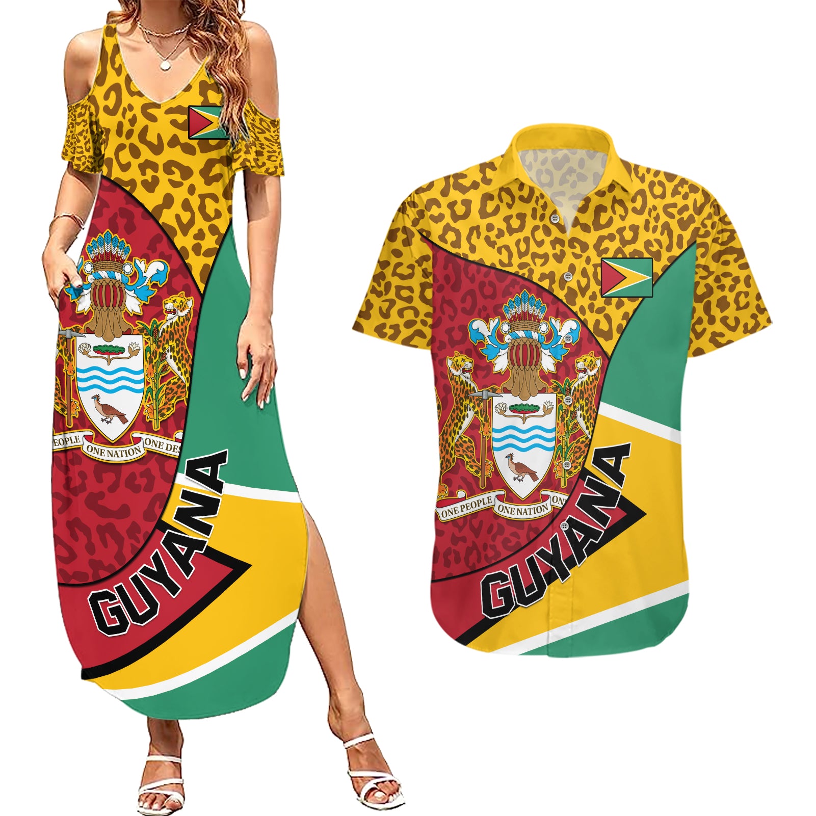 Guyana Republic Day Couples Matching Summer Maxi Dress and Hawaiian Shirt Coat Of Arms Leopard Pattern - Wonder Print Shop