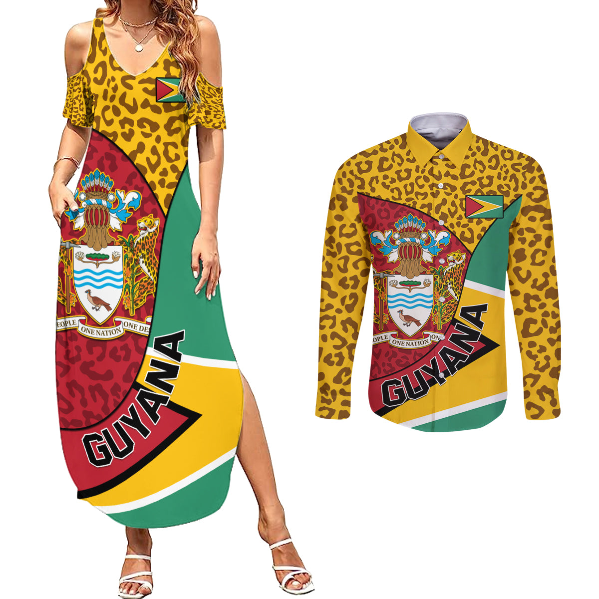 Guyana Republic Day Couples Matching Summer Maxi Dress and Long Sleeve Button Shirt Coat Of Arms Leopard Pattern - Wonder Print Shop