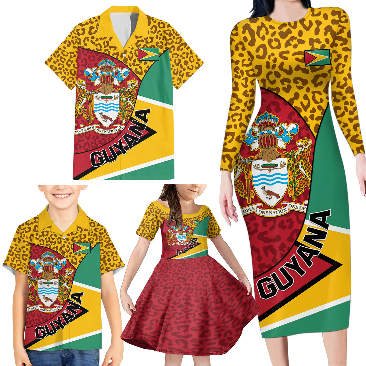 Guyana Republic Day Family Matching Long Sleeve Bodycon Dress and Hawaiian Shirt Coat Of Arms Leopard Pattern - Wonder Print Shop