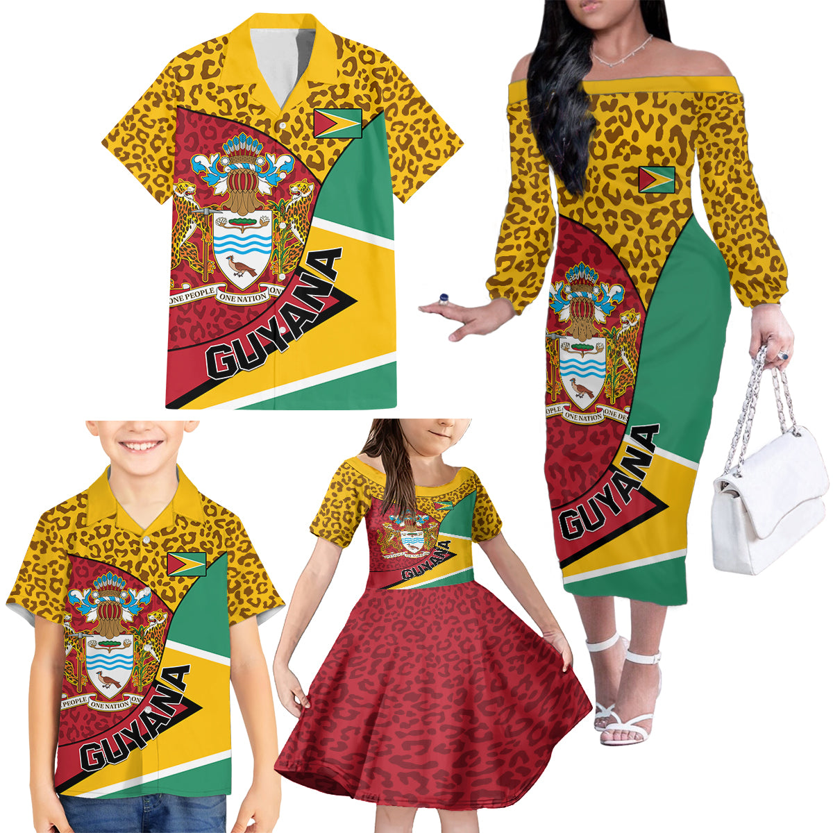 guyana-republic-day-family-matching-off-shoulder-long-sleeve-dress-and-hawaiian-shirt-coat-of-arms-leopard-pattern