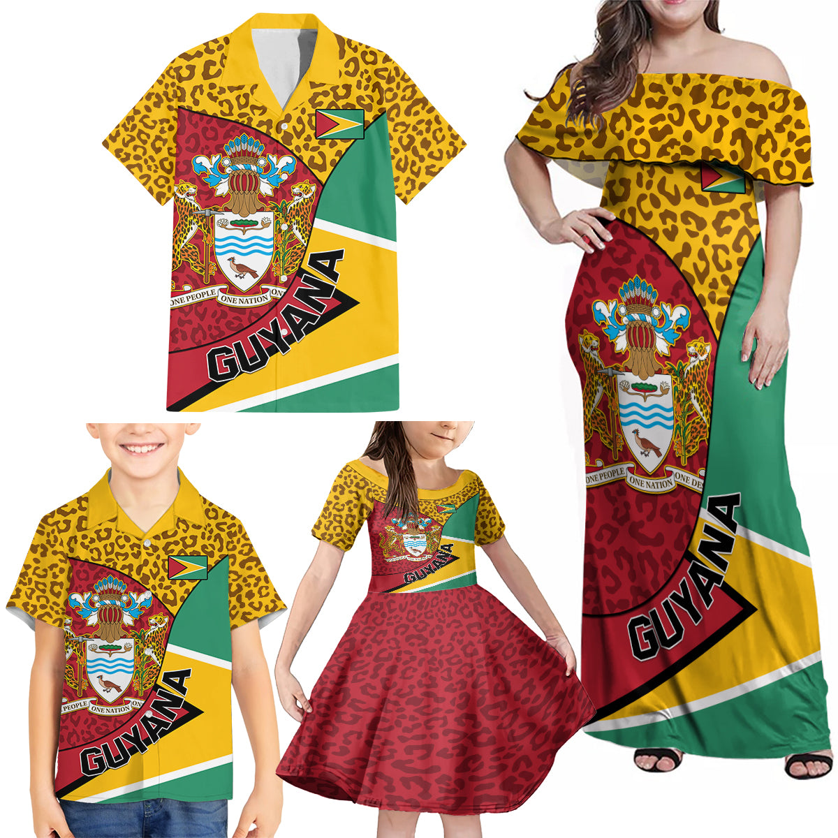 Guyana Republic Day Family Matching Off Shoulder Maxi Dress and Hawaiian Shirt Coat Of Arms Leopard Pattern - Wonder Print Shop