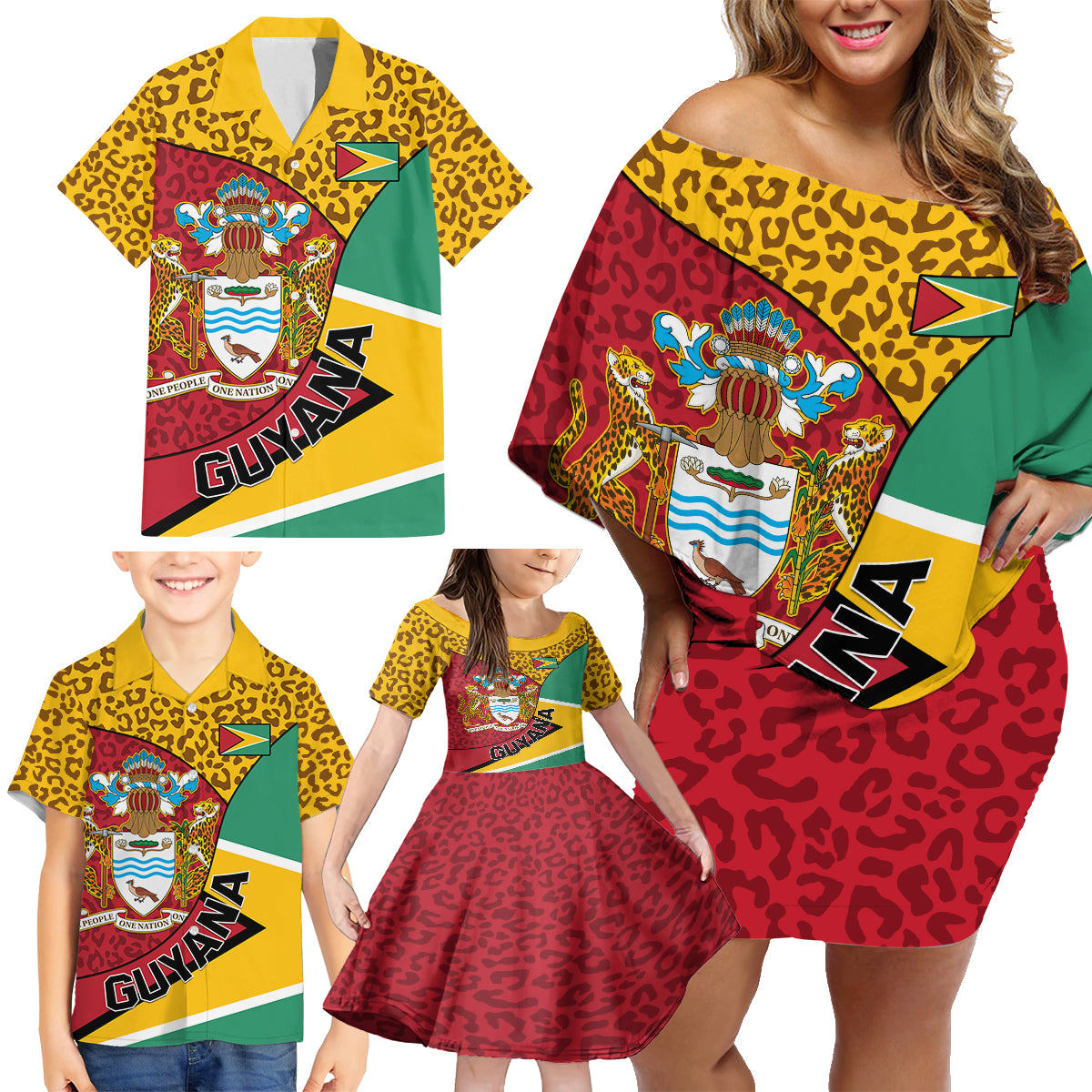 Guyana Republic Day Family Matching Off Shoulder Short Dress and Hawaiian Shirt Coat Of Arms Leopard Pattern - Wonder Print Shop