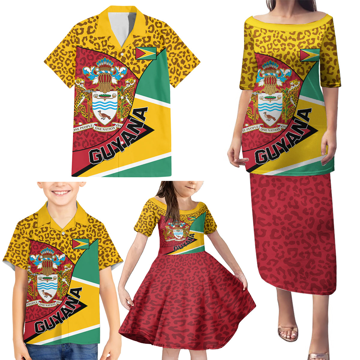 Guyana Republic Day Family Matching Puletasi and Hawaiian Shirt Coat Of Arms Leopard Pattern - Wonder Print Shop