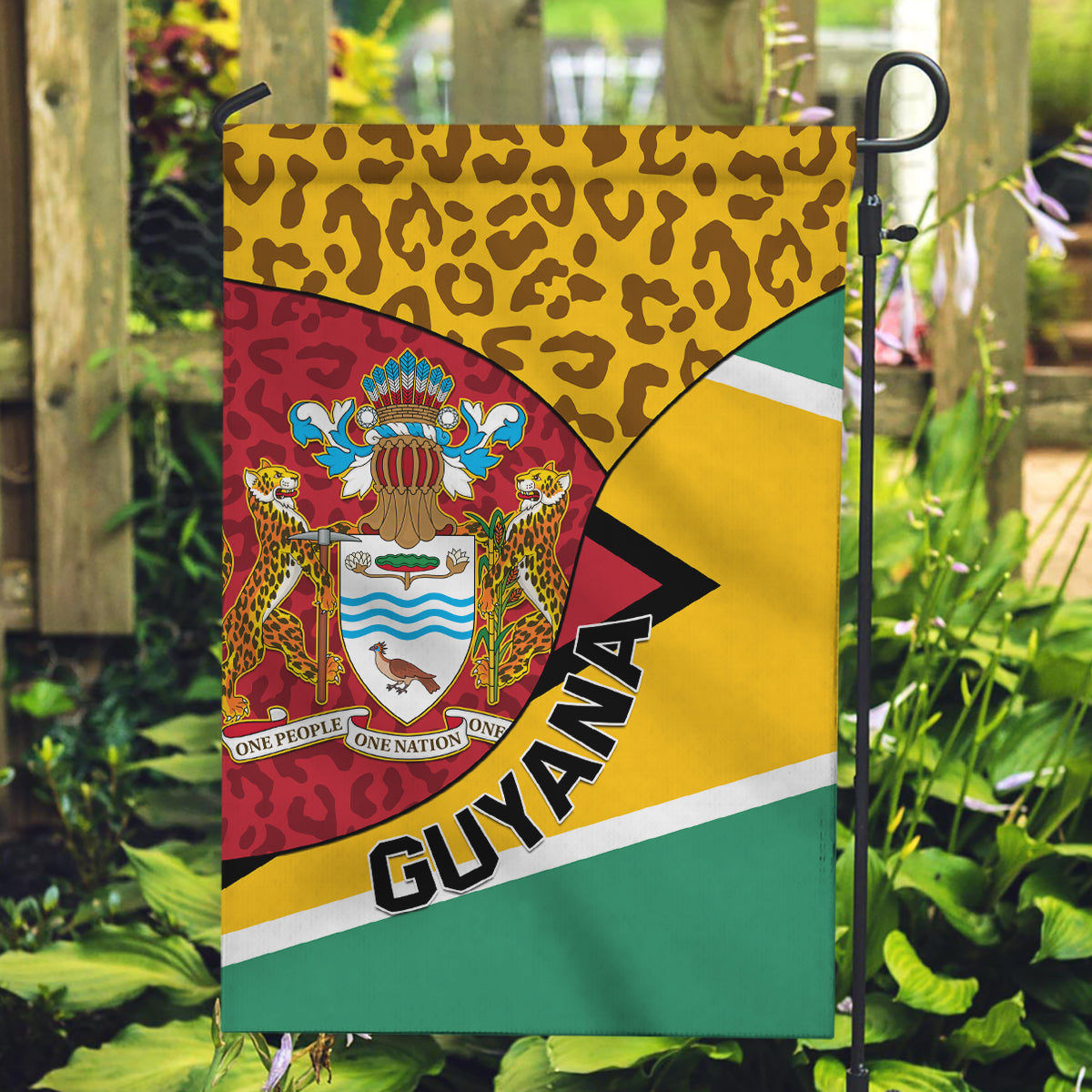 Guyana Republic Day Garden Flag Coat Of Arms Leopard Pattern - Wonder Print Shop