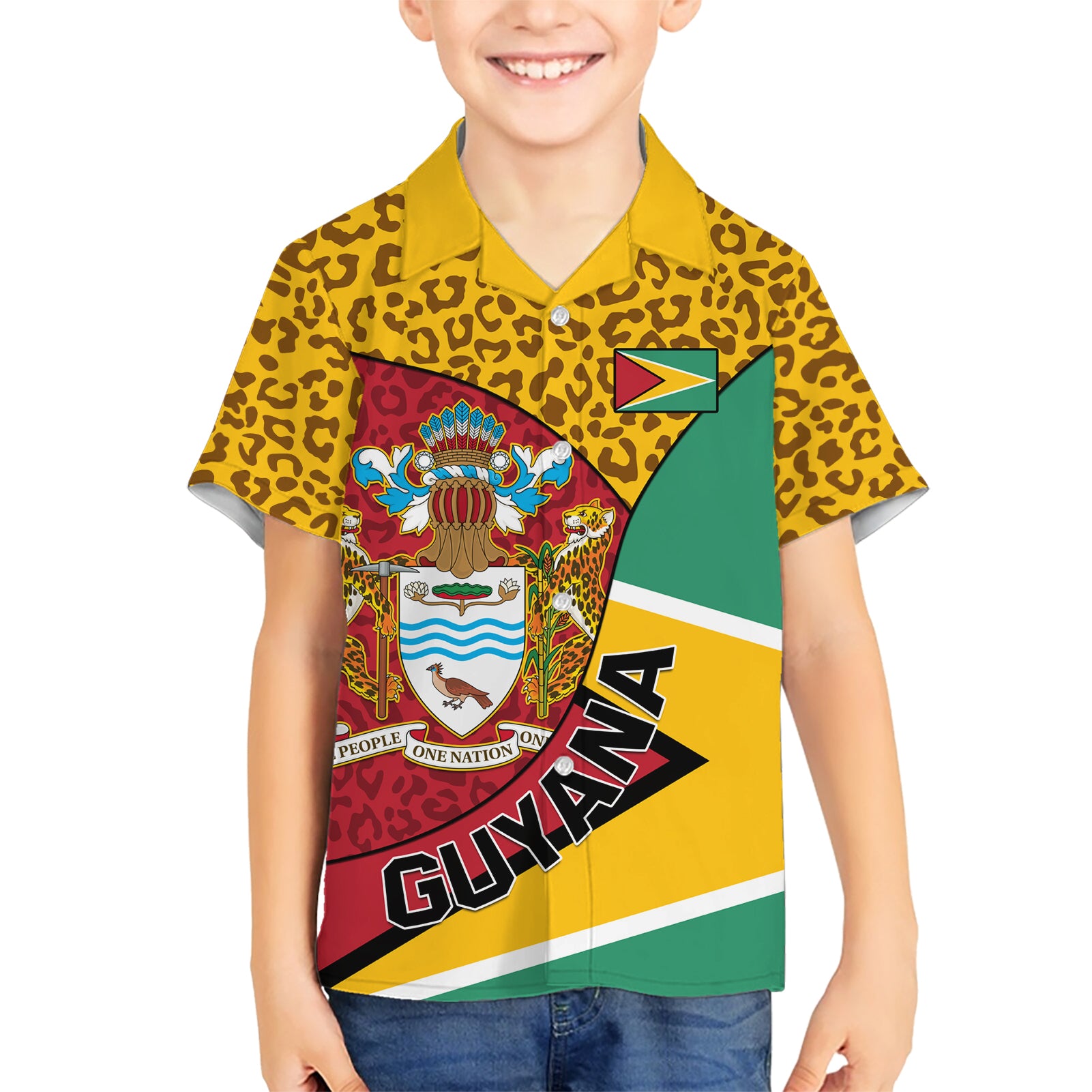 Guyana Republic Day Kid Hawaiian Shirt Coat Of Arms Leopard Pattern - Wonder Print Shop