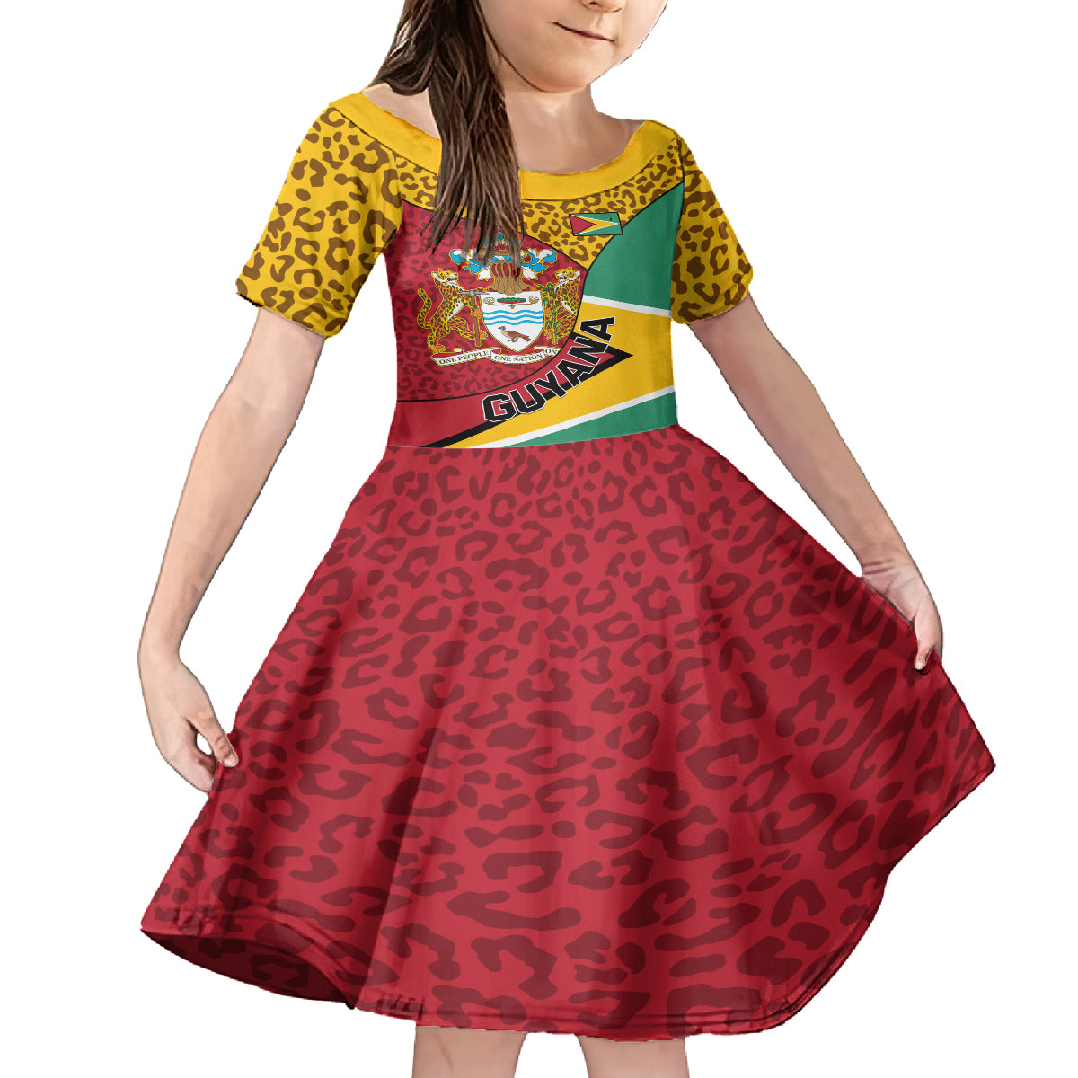 guyana-republic-day-kid-short-sleeve-dress-coat-of-arms-leopard-pattern