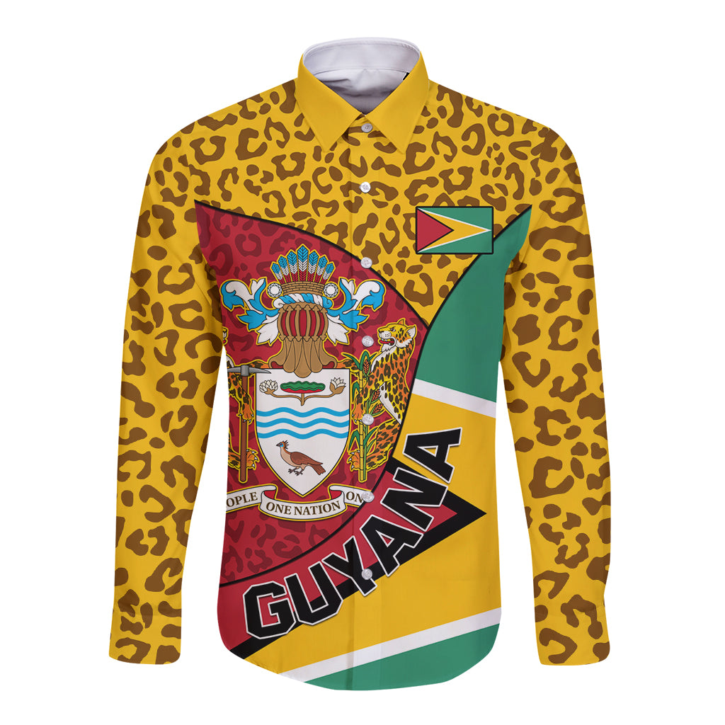 Leopard-print long-sleeve button shirt with Guyana coat of arms graphic and yellow collar