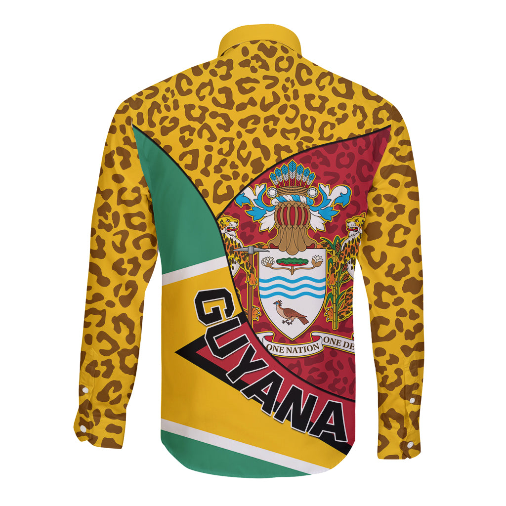 Leopard-print long-sleeve button shirt, back graphic with coat of arms and Guyana text