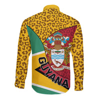 Leopard-print long-sleeve button shirt, back graphic with coat of arms and Guyana text