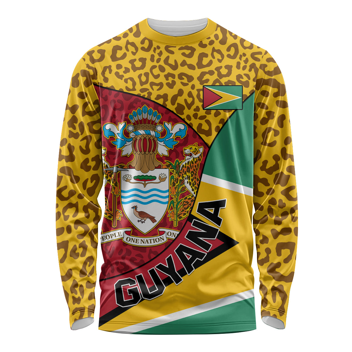 Unisex long sleeve shirt with gold leopard print and Guyana crest graphic