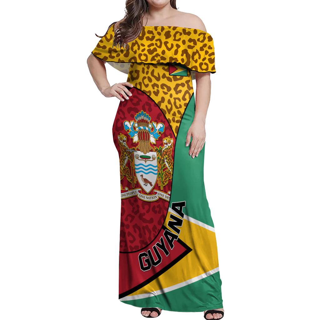 Guyana Republic Day Off Shoulder Maxi Dress Coat Of Arms Leopard Pattern - Wonder Print Shop