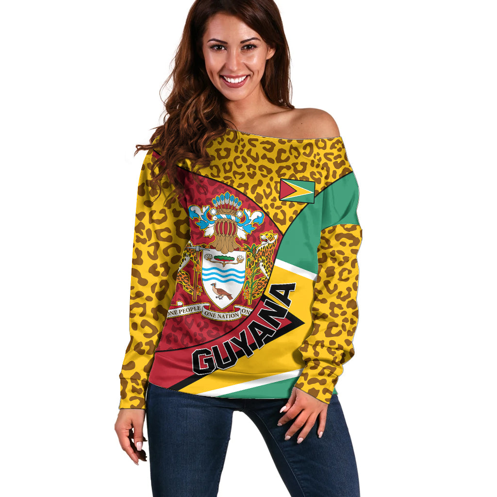 Guyana Republic Day Off Shoulder Sweater Coat Of Arms Leopard Pattern - Wonder Print Shop