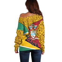 Off-shoulder sweater top, leopard print back with Guyana crest and flag graphic in color