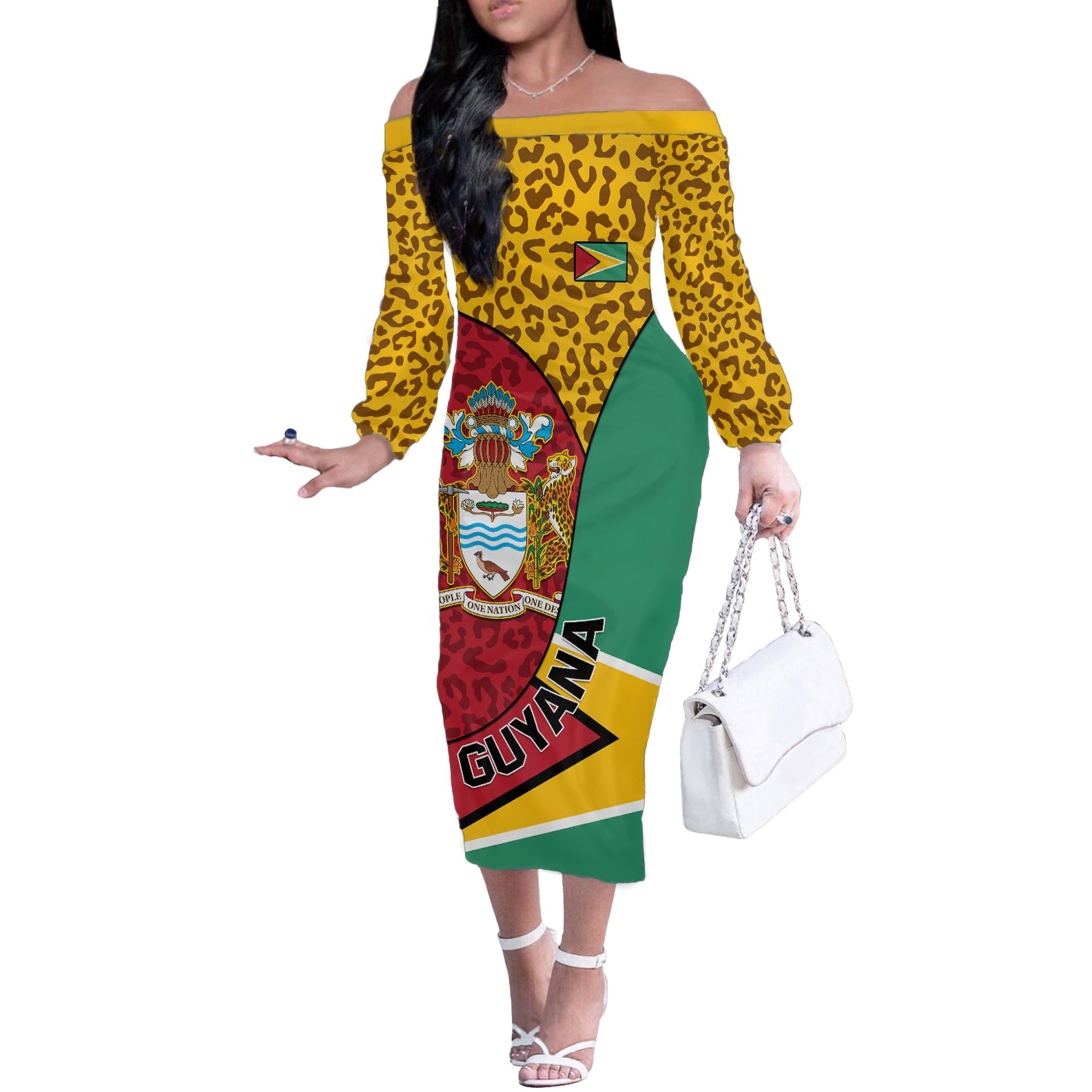 Guyana Republic Day Off The Shoulder Long Sleeve Dress Coat Of Arms Leopard Pattern - Wonder Print Shop