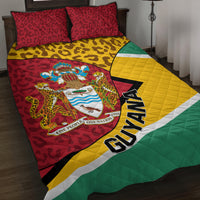 Guyana quilt bed set with leopard pattern, coat of arms, and Guyana lettering in red, yellow, green.