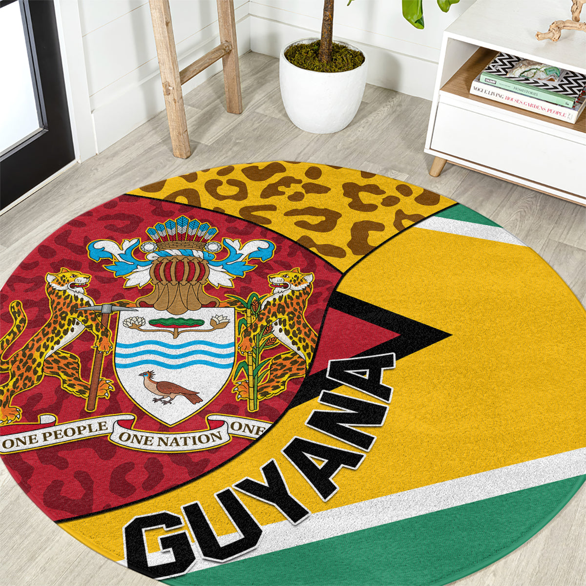Round Guyana coat of arms carpet, leopard print, GUYANA lettering, yellow green red