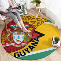 Round Guyana rug close-up: coat of arms and GUYANA text over leopard pattern, yellow