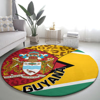 Round Guyana coat of arms rug with leopard print, GUYANA text stripe, green border