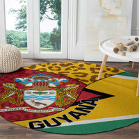 Round Guyana leopard rug with coat of arms, GUYANA lettering, red yellow green edges